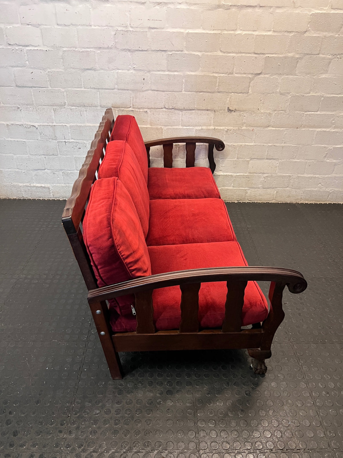 Vintage-Style 3 Seater Couch with Red Upholstery — Well Used Condition – back view