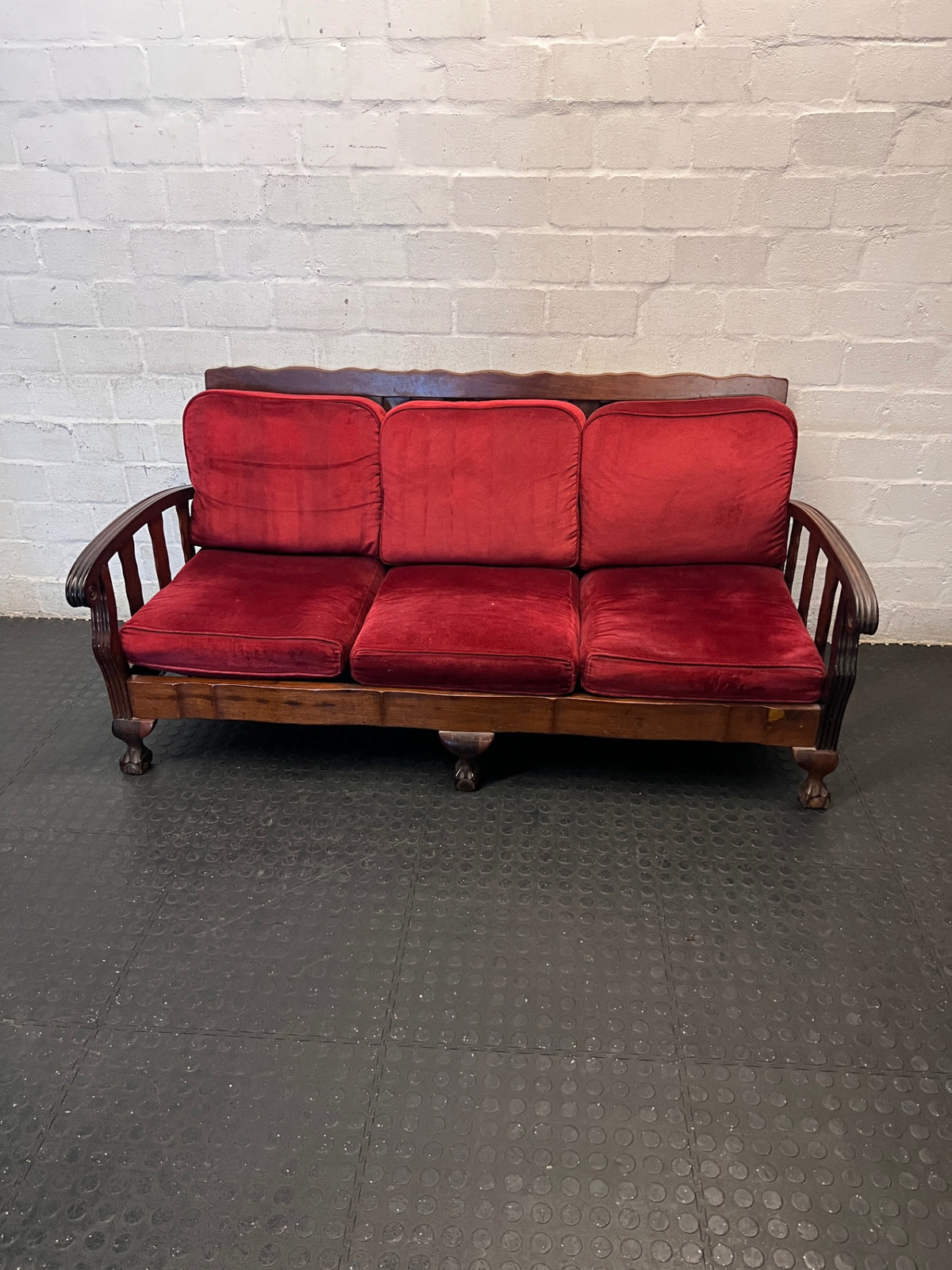 Vintage-Style 3 Seater Couch with Red Upholstery — Well Used Condition – main front view