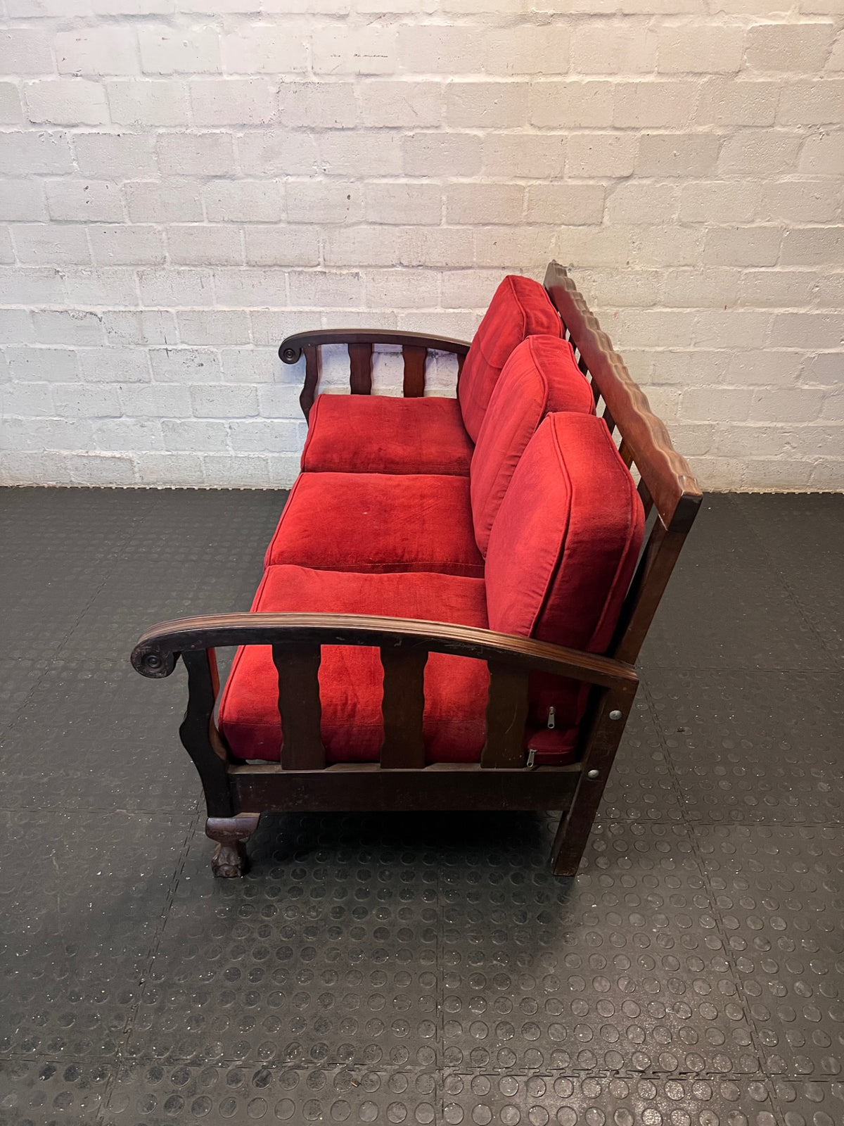 Vintage-Style 3 Seater Couch with Red Upholstery — Well Used Condition – side view