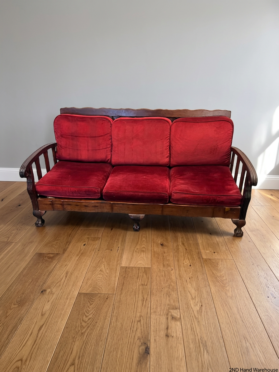 Vintage-Style 3 Seater Couch with Red Upholstery — Well Used Condition – styled product image