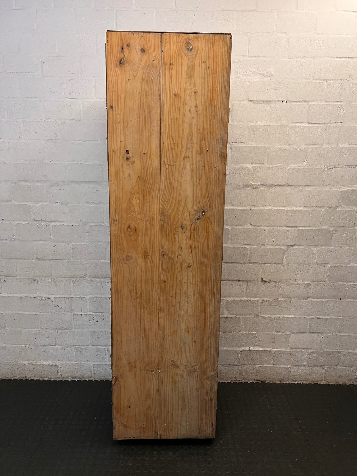 Tall Narrow Wooden Wardrobe on Wheels — Well Used Condition – top view