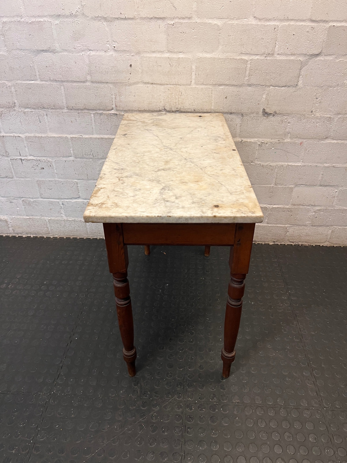 Marble Top Console Table with Turned Wooden Legs — Fair Condition With Visible Wear – back view