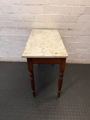 Marble Top Console Table with Turned Wooden Legs — Fair Condition With Visible Wear – back view