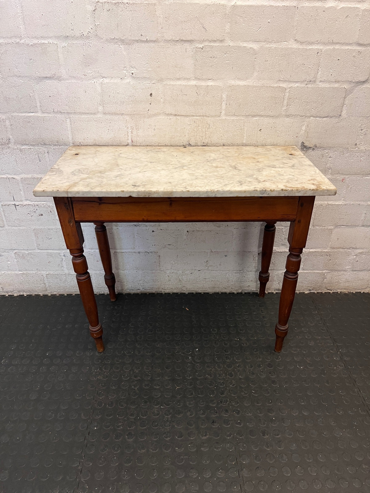 Marble Top Console Table with Turned Wooden Legs — Fair Condition With Visible Wear – condition detail