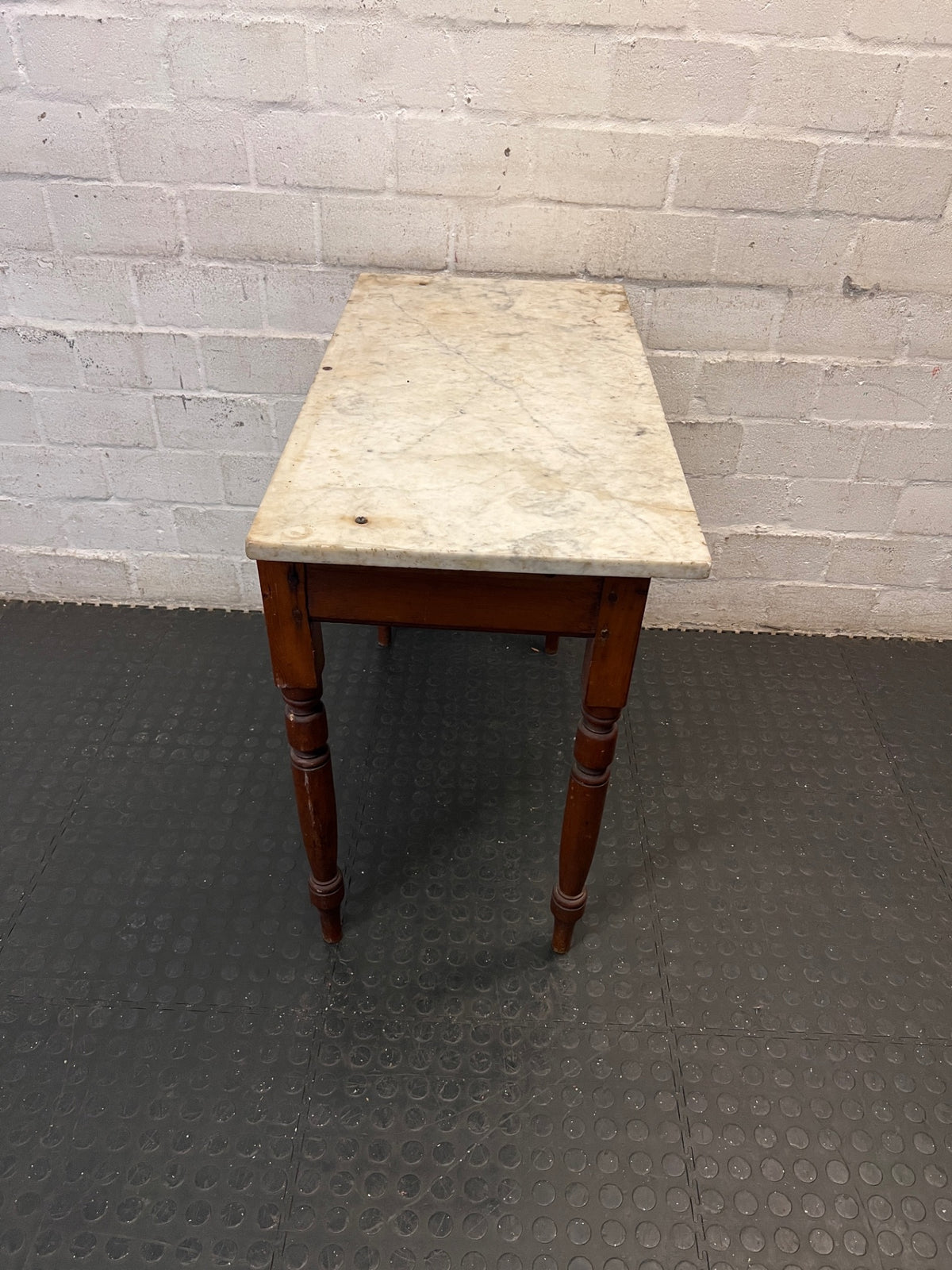 Marble Top Console Table with Turned Wooden Legs — Fair Condition With Visible Wear – side view