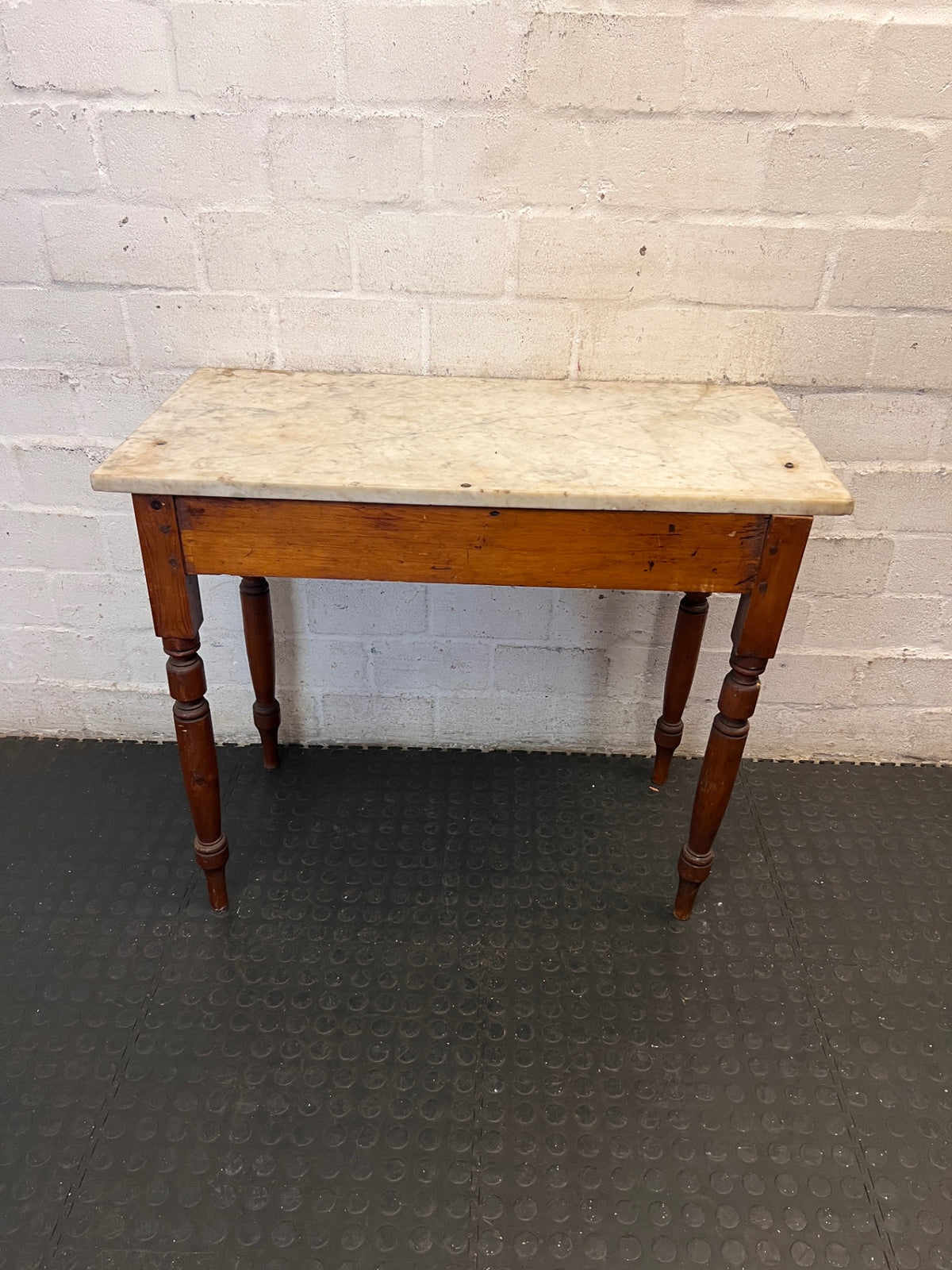 Marble Top Console Table with Turned Wooden Legs — Fair Condition With Visible Wear – top view