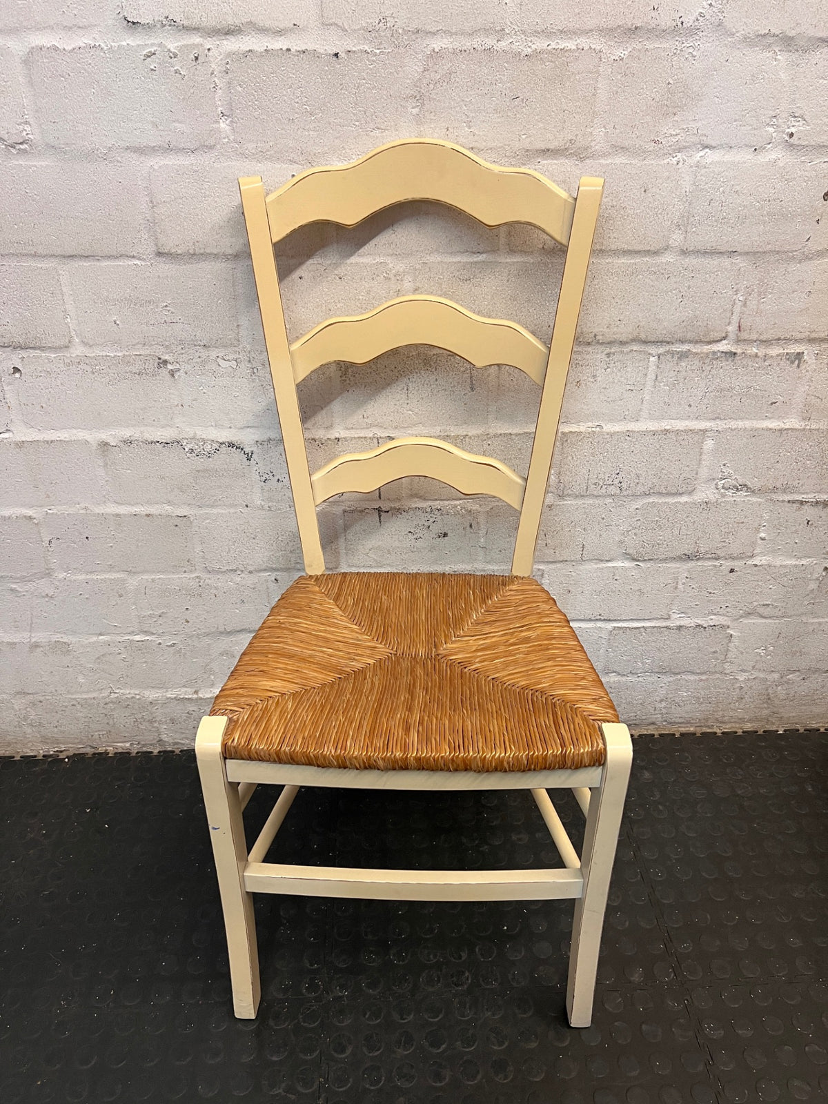Cream Wooden Ladder-Back Dining Chair with Rush Seat — Great Condition – main front view