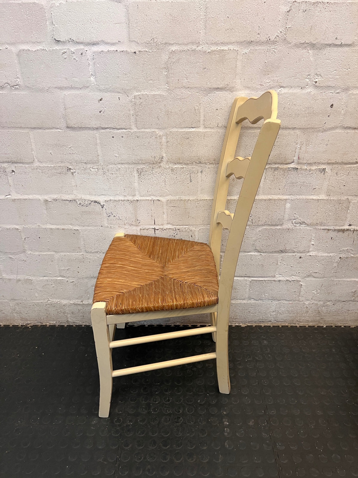 Cream Wooden Ladder-Back Dining Chair with Rush Seat — Great Condition – side view