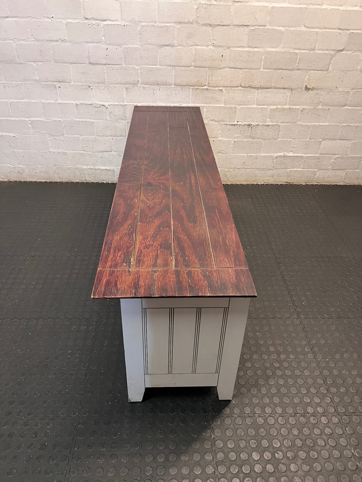 White and Dark Wood Two-Tone TV Unit — Fair Condition with Visible Wear – condition detail