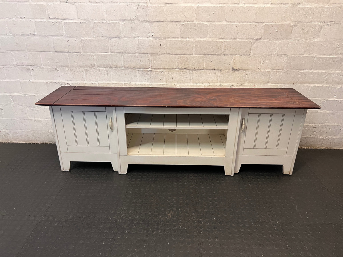 White and Dark Wood Two-Tone TV Unit — Fair Condition with Visible Wear – main front view