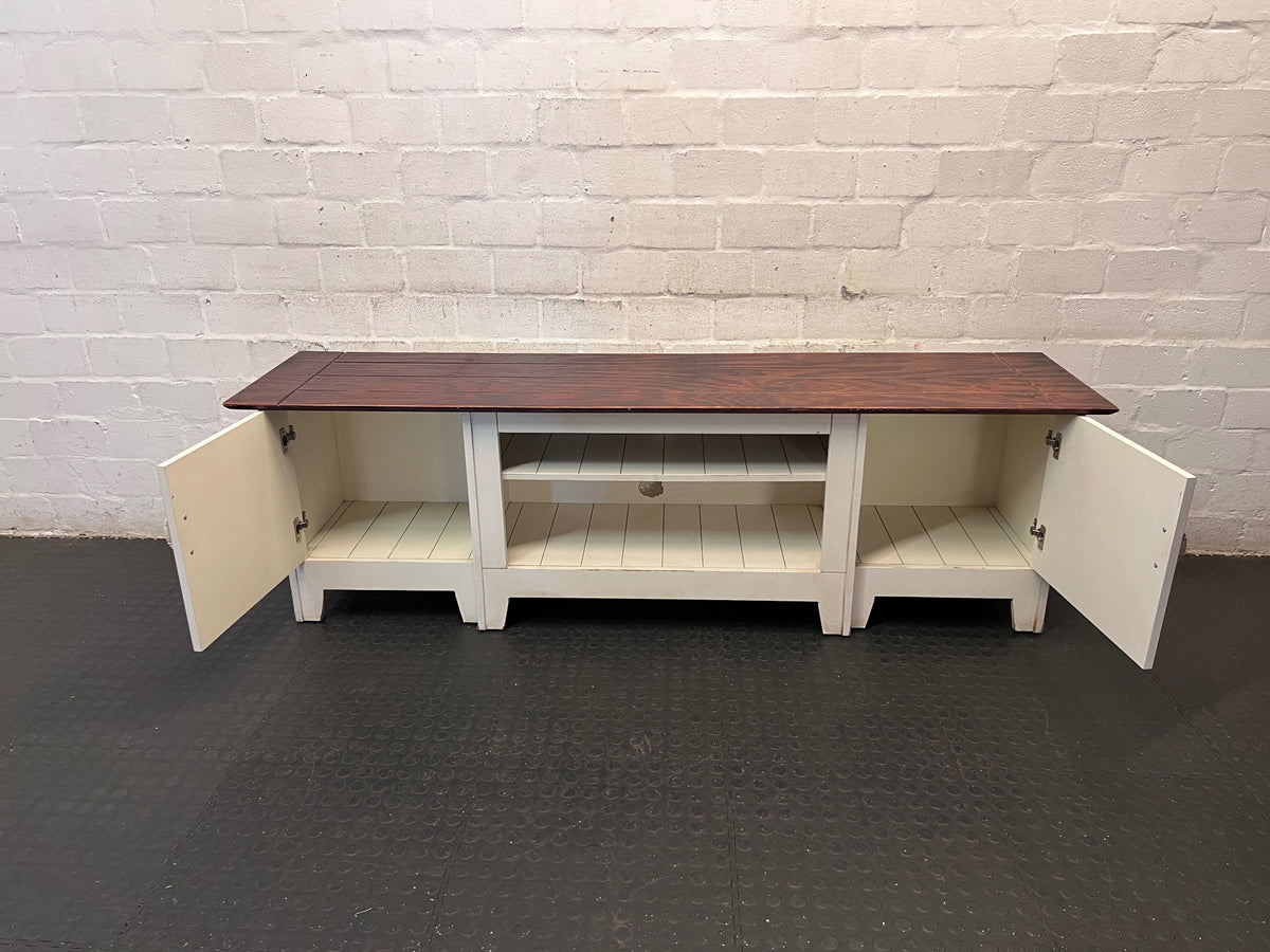White and Dark Wood Two-Tone TV Unit — Fair Condition with Visible Wear – side view