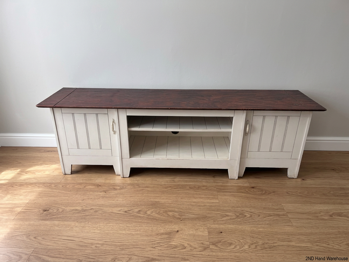 White and Dark Wood Two-Tone TV Unit — Fair Condition with Visible Wear – styled product image