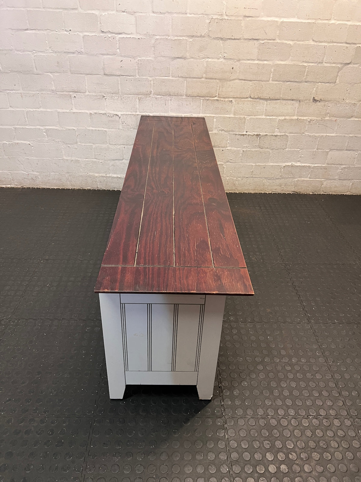 White and Dark Wood Two-Tone TV Unit — Fair Condition with Visible Wear – top view