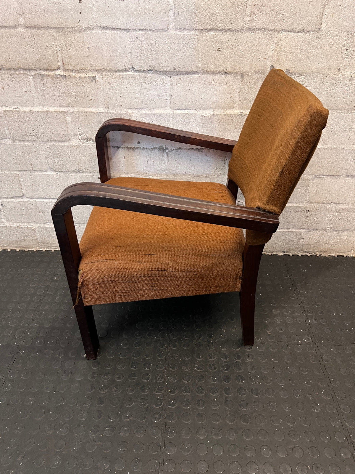 Vintage Armchair with Curved Wooden Arms — Well-Used Condition with Significant Wear – back view