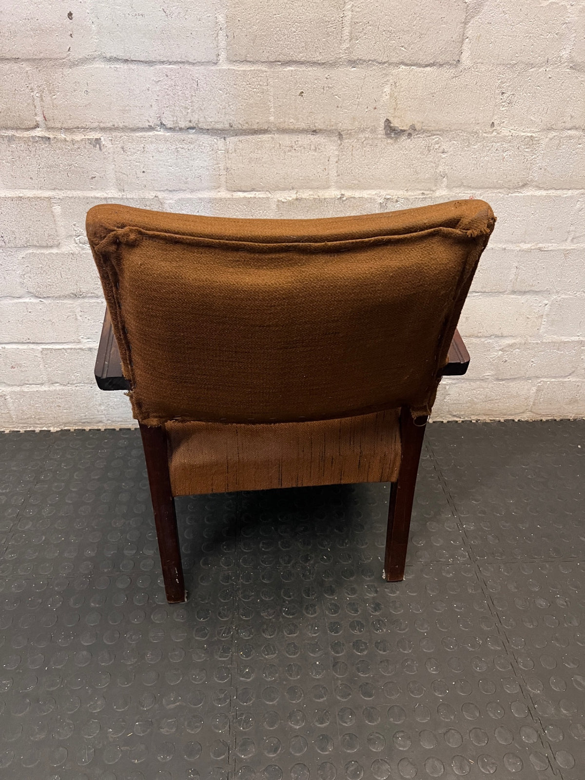 Vintage Armchair with Curved Wooden Arms — Well-Used Condition with Significant Wear – condition detail