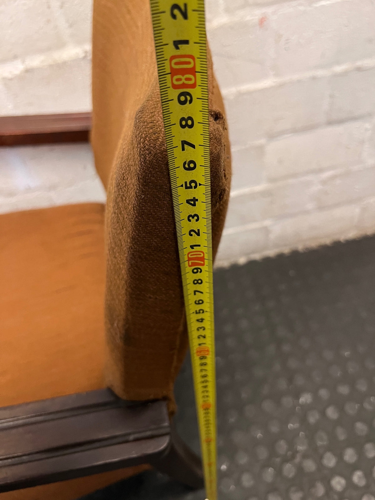 Vintage Armchair with Curved Wooden Arms — Well-Used Condition with Significant Wear – height measurement
