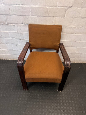 Vintage Armchair with Curved Wooden Arms — Well-Used Condition with Significant Wear – main front view
