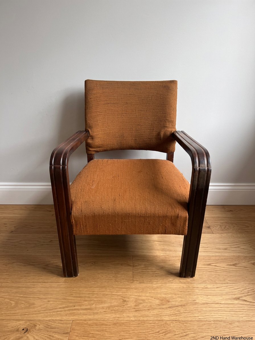 Vintage Armchair with Curved Wooden Arms — Well-Used Condition with Significant Wear – styled product image