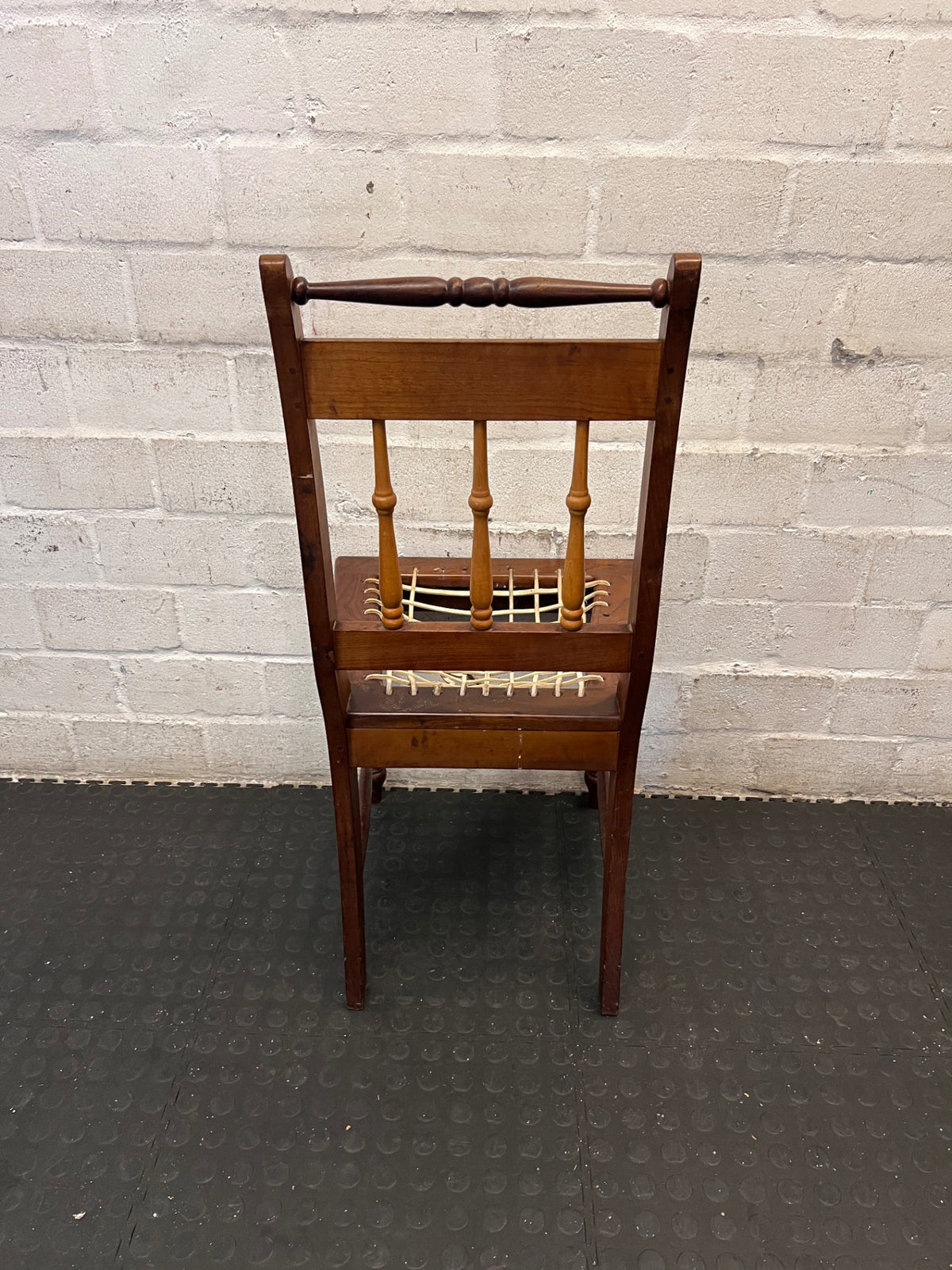 Yellowwood and Dark Wood Dining Chair — Damaged Riempie Seats and Broken Spindle – back view