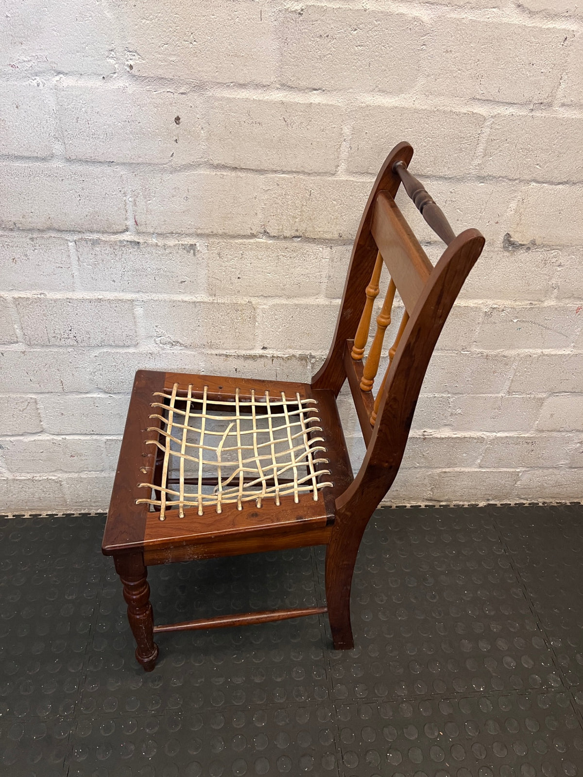 Yellowwood and Dark Wood Dining Chair — Damaged Riempie Seats and Broken Spindle – condition detail