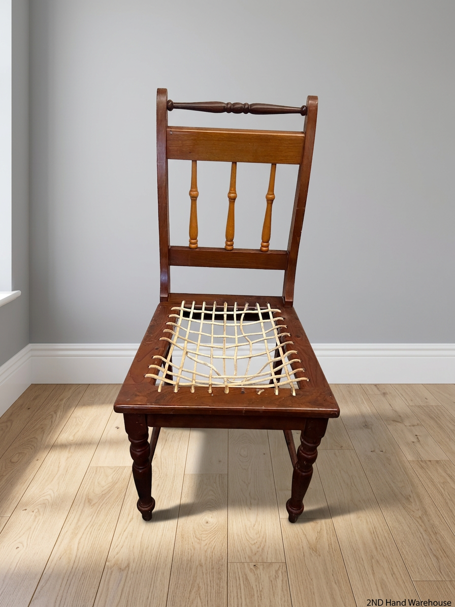 Yellowwood and Dark Wood Dining Chair — Damaged Riempie Seats and Broken Spindle – styled product image
