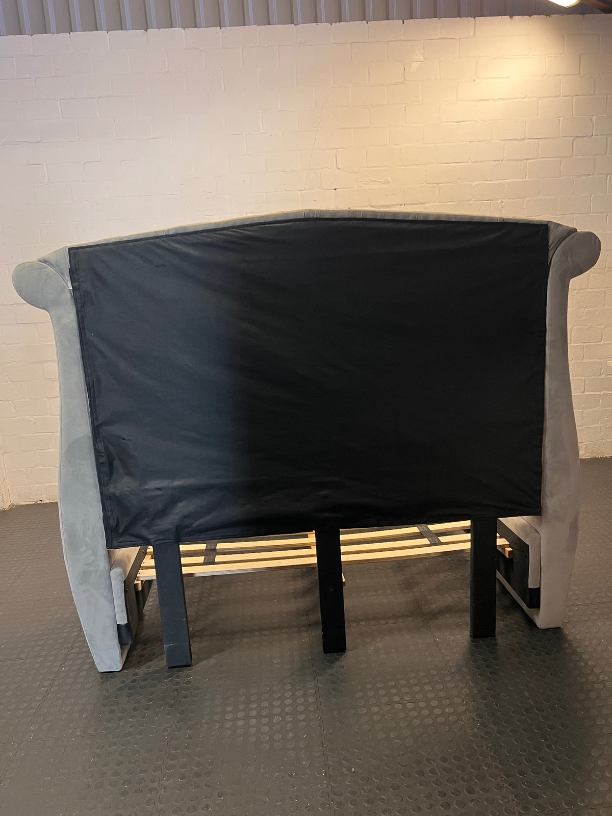Grey Velvet Wingback King Bed Frame with Stud Detail — Visible Staining on Velvet Upholstery – back view