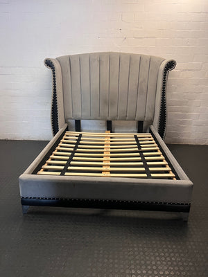 Grey Velvet Wingback King Bed Frame with Stud Detail — Visible Staining on Velvet Upholstery – main front view