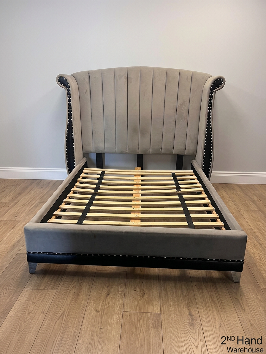 Grey Velvet Wingback King Bed Frame with Stud Detail — Visible Staining on Velvet Upholstery – styled product image
