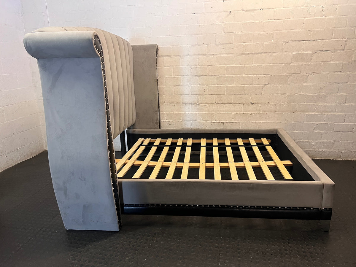 Grey Velvet Wingback King Bed Frame with Stud Detail — Visible Staining on Velvet Upholstery – top view