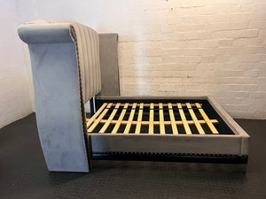 Grey Velvet Wingback King Bed Frame with Stud Detail — Visible Staining on Velvet Upholstery – top view