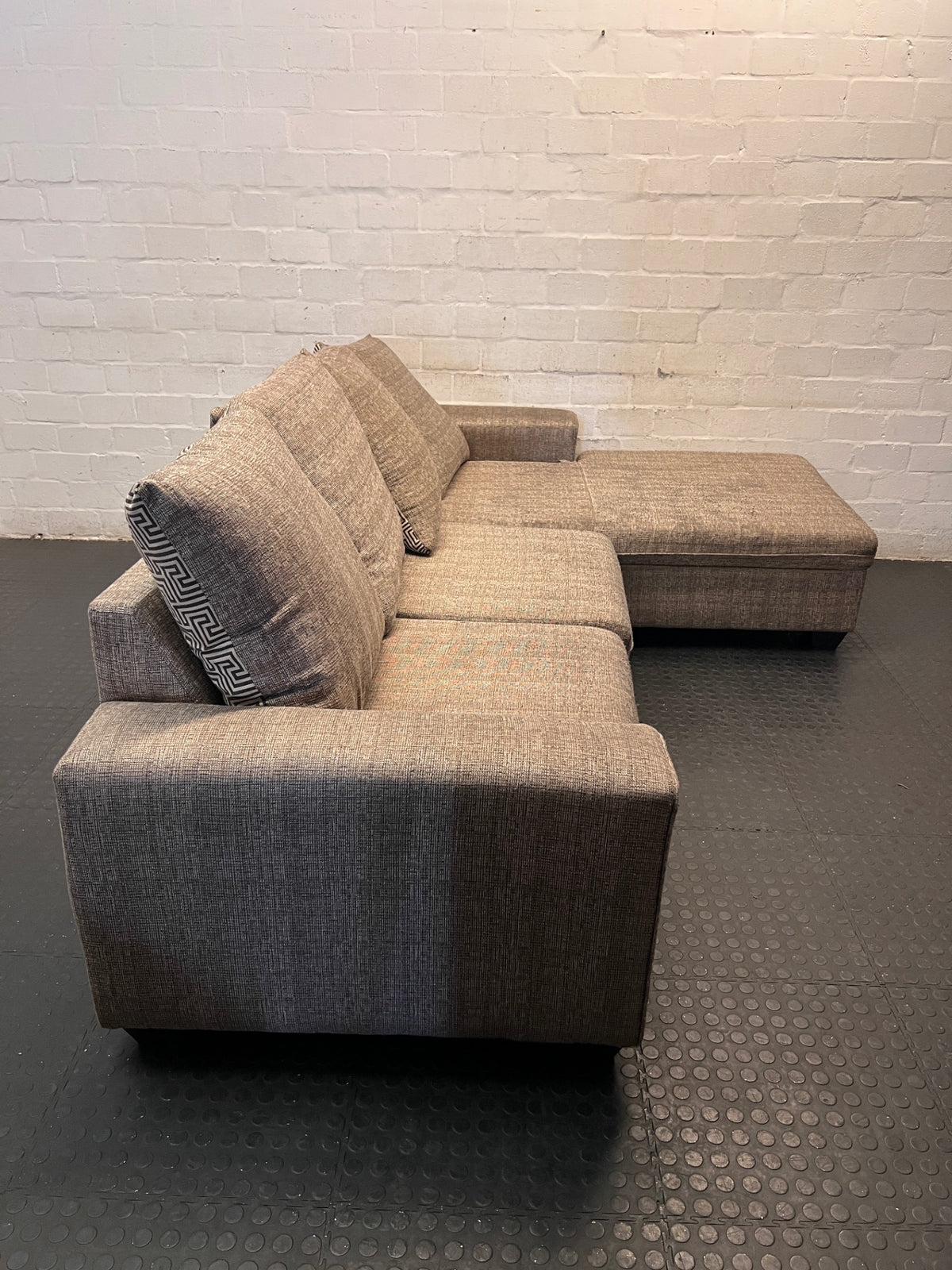 Grey Fabric L-Shaped Sectional Couch with Chaise — Good Condition – back view
