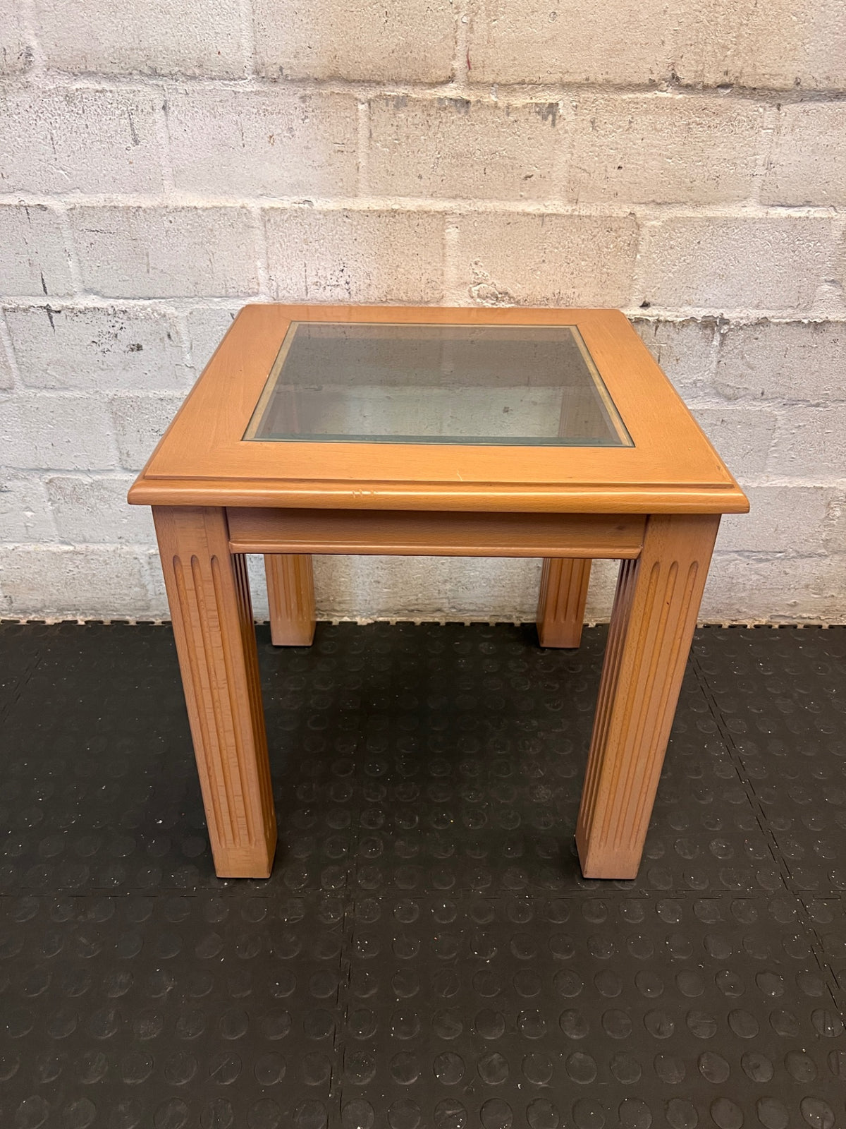 Beechwood Side Table with Glass Inset and Fluted Legs — Visible Mark on Table Surface – back view