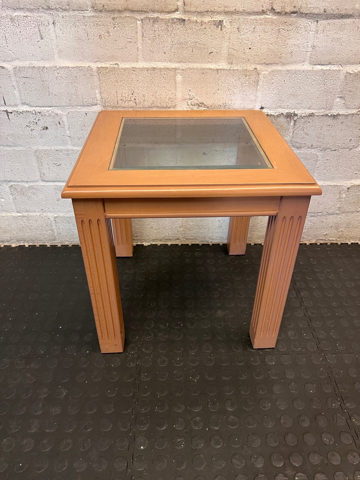 Beechwood Side Table with Glass Inset and Fluted Legs — Visible Mark on Table Surface – condition detail