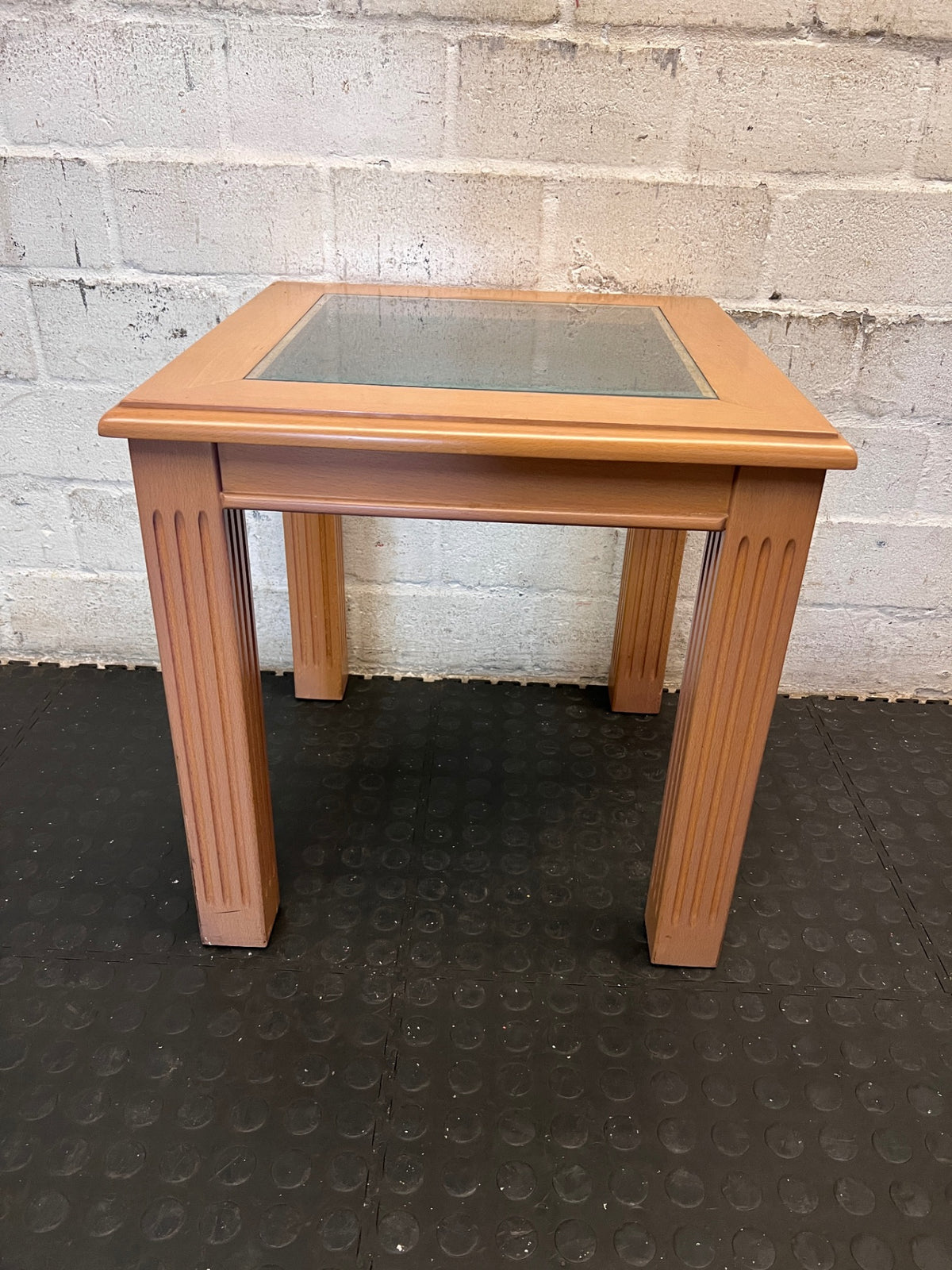 Beechwood Side Table with Glass Inset and Fluted Legs — Visible Mark on Table Surface – main front view