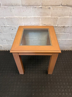 Beechwood Side Table with Glass Inset and Fluted Legs — Visible Mark on Table Surface – side view
