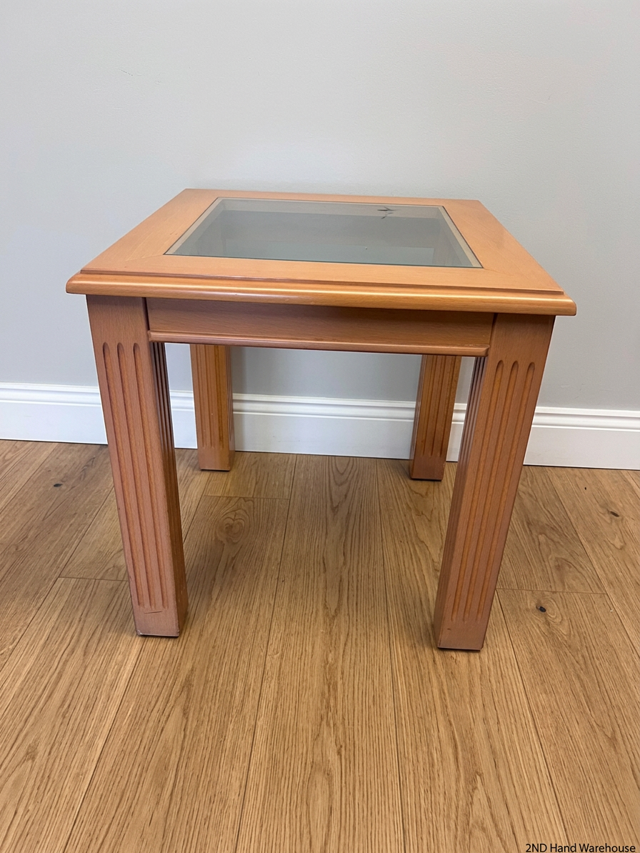 Beechwood Side Table with Glass Inset and Fluted Legs — Visible Mark on Table Surface – styled product image