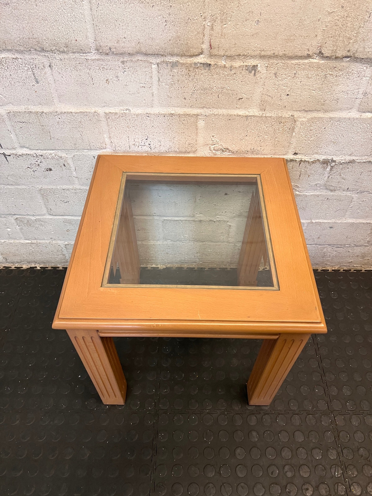 Beechwood Side Table with Glass Inset and Fluted Legs — Visible Mark on Table Surface – top view