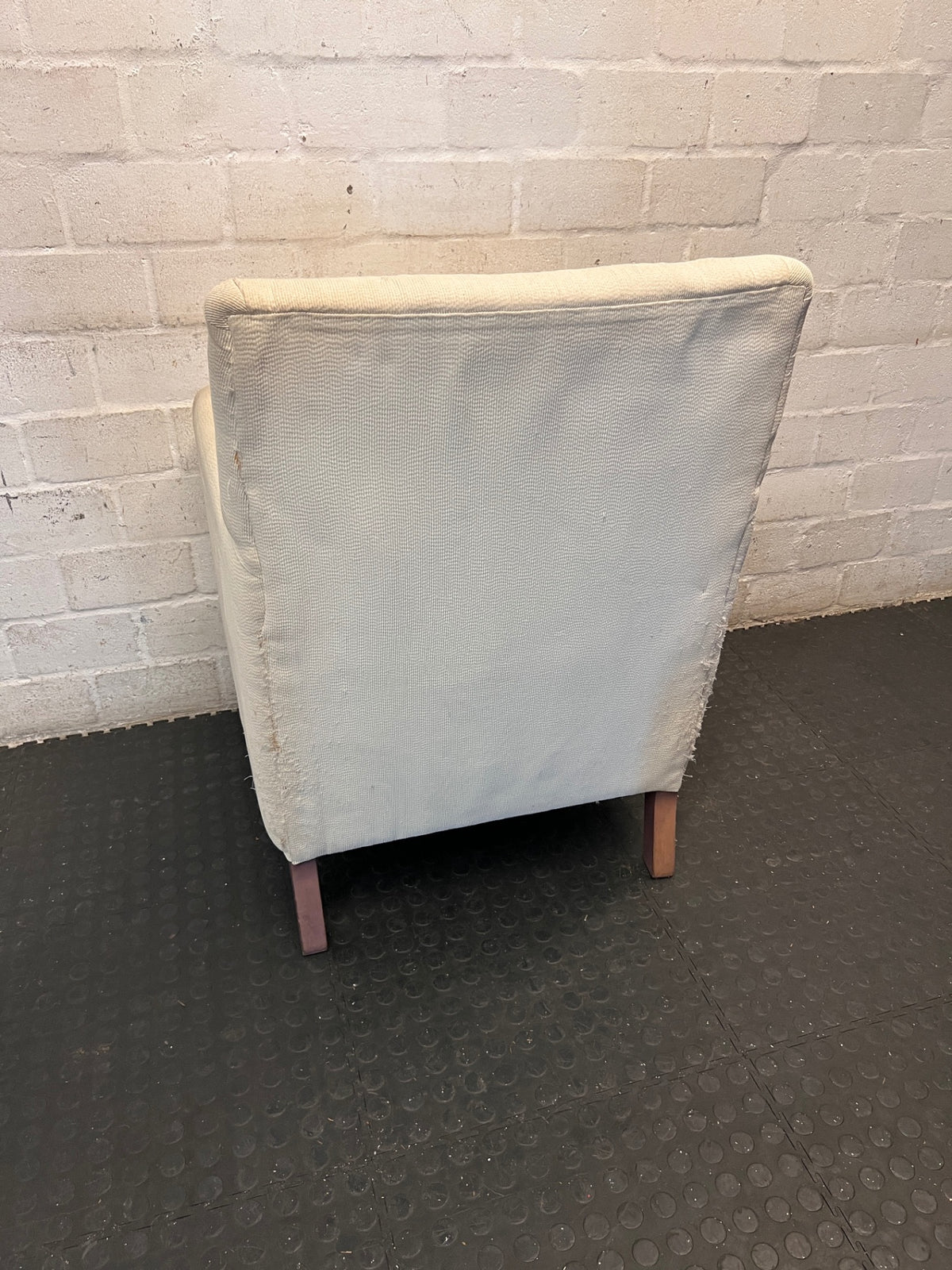 White Textured Fabric Armchair with Wooden Feet — Well Used Condition – back view