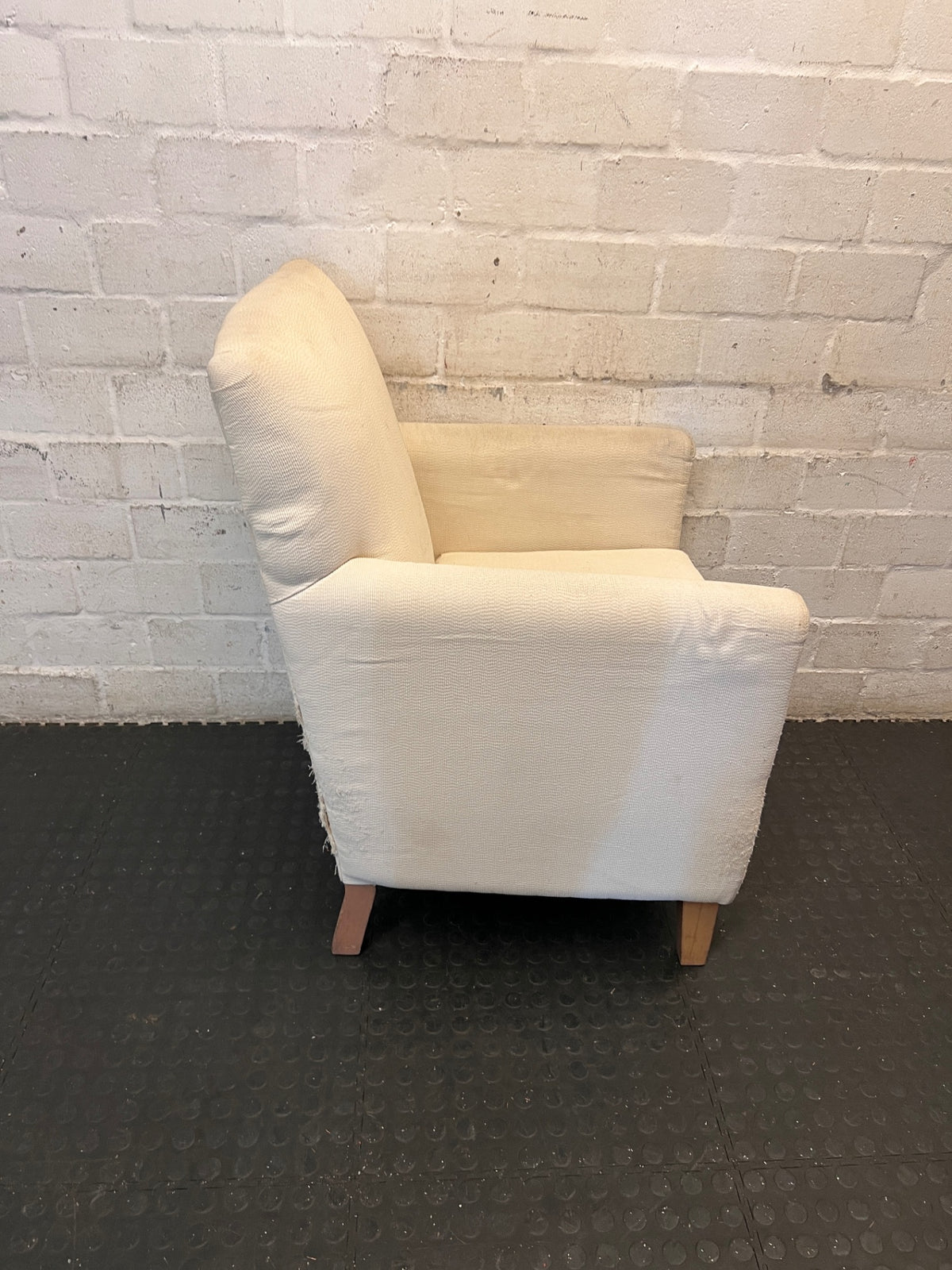 White Textured Fabric Armchair with Wooden Feet — Well Used Condition – condition detail