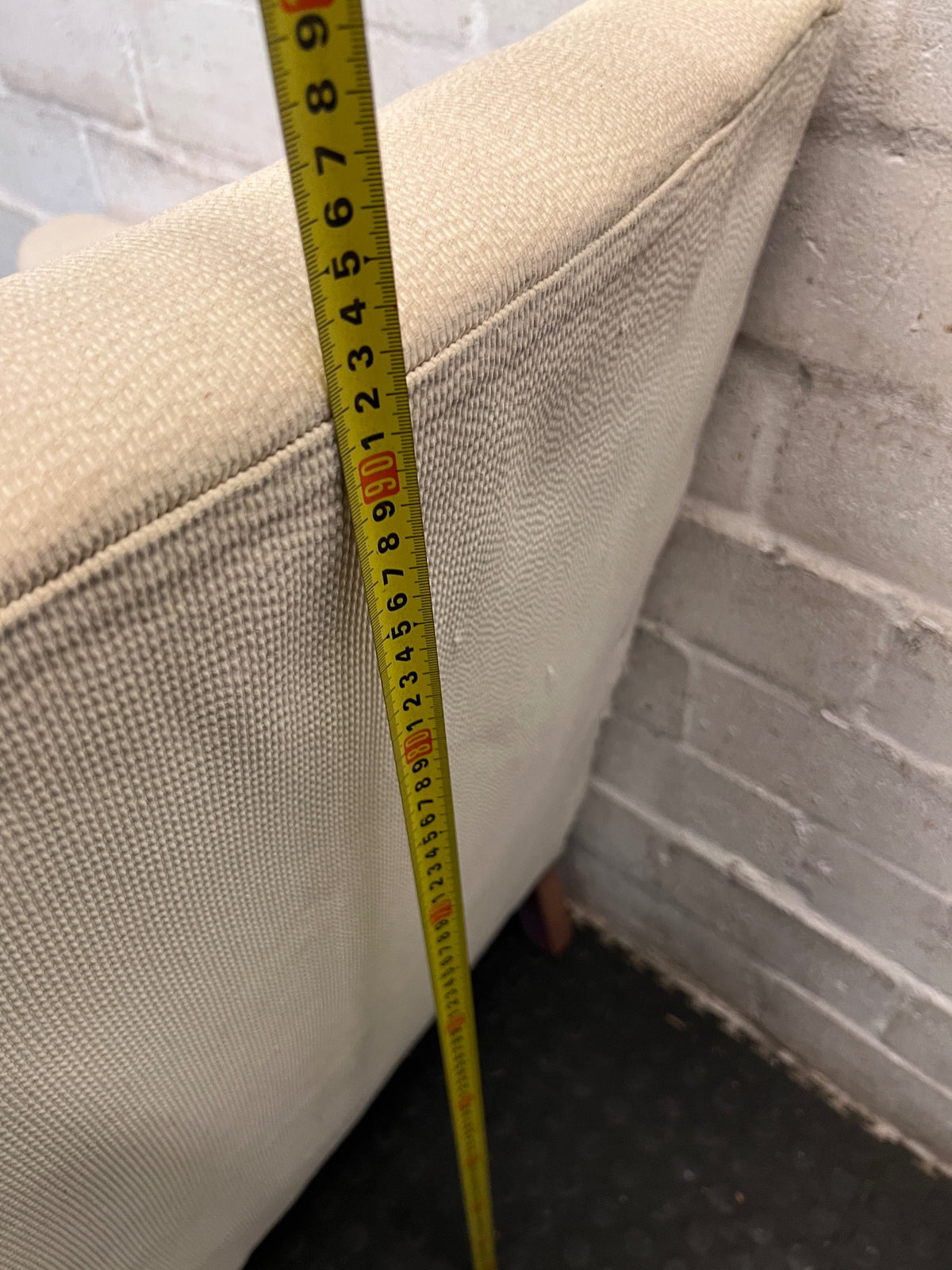 White Textured Fabric Armchair with Wooden Feet — Well Used Condition – height measurement