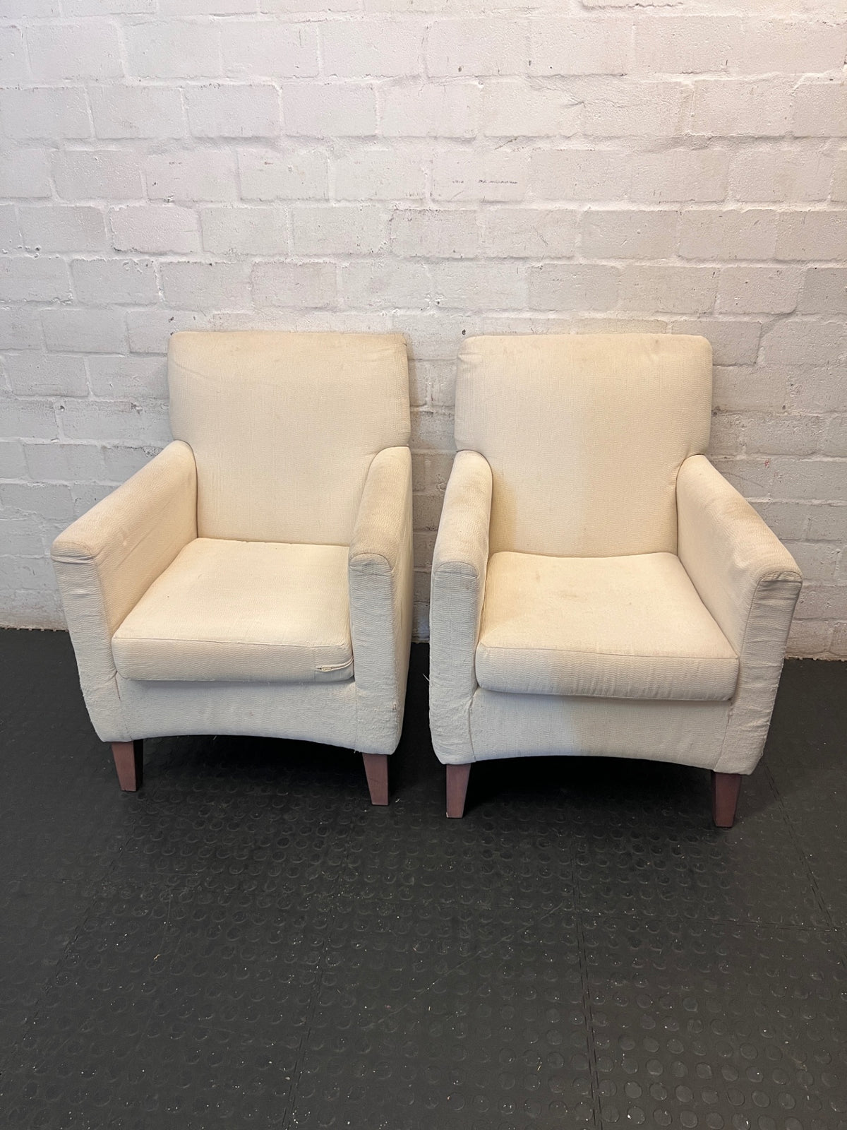 White Textured Fabric Armchair with Wooden Feet — Well Used Condition – side view