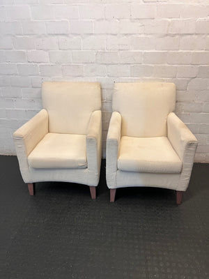 White Textured Fabric Armchair with Wooden Feet — Well Used Condition – side view