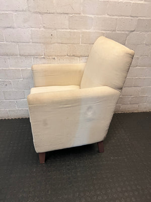 White Textured Fabric Armchair with Wooden Feet — Well Used Condition – top view