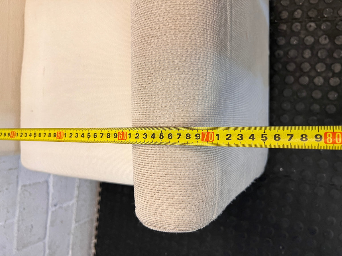 White Textured Fabric Armchair with Wooden Feet — Well Used Condition – width measurement