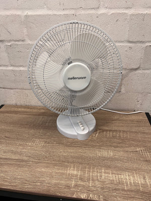 White Mellerware Oscillating Desk Fan — Good Working Order; Fair Condition – main front view