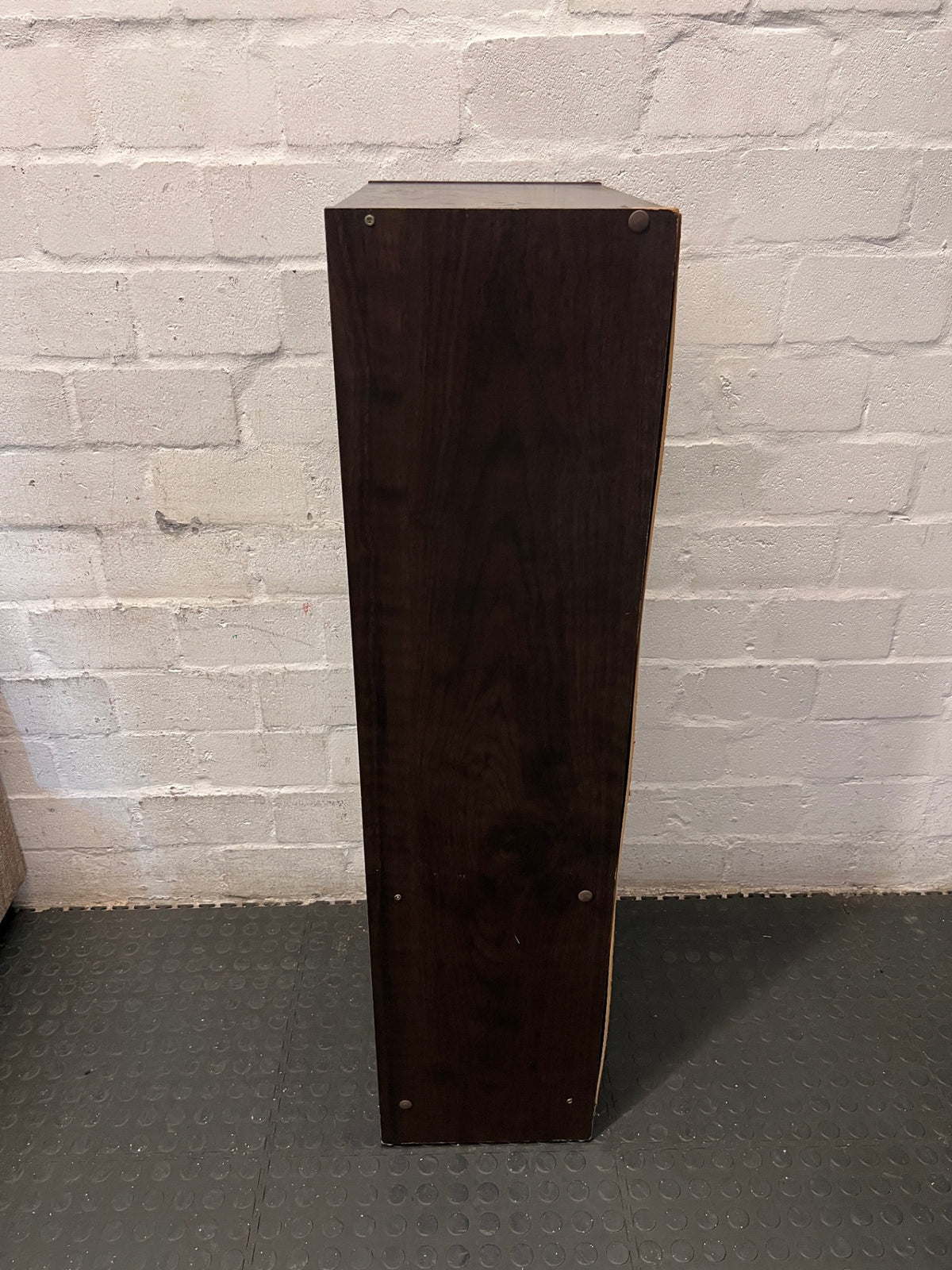 Dark Wood Finish Bookshelf with Lower Cupboard — Sturdy But Well Used Bookshelf – condition detail