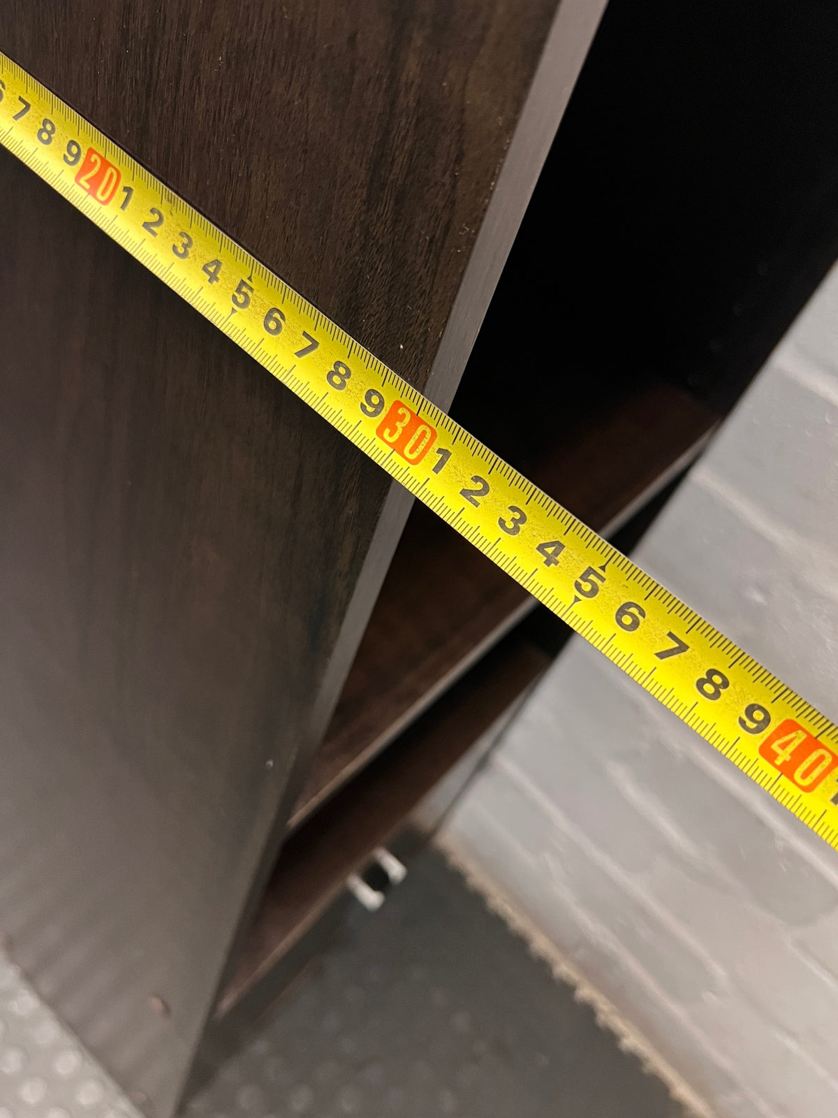 Dark Wood Finish Bookshelf with Lower Cupboard — Sturdy But Well Used Bookshelf – depth measurement