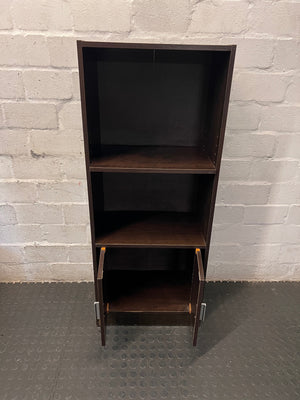 Dark Wood Finish Bookshelf with Lower Cupboard — Sturdy But Well Used Bookshelf – side view