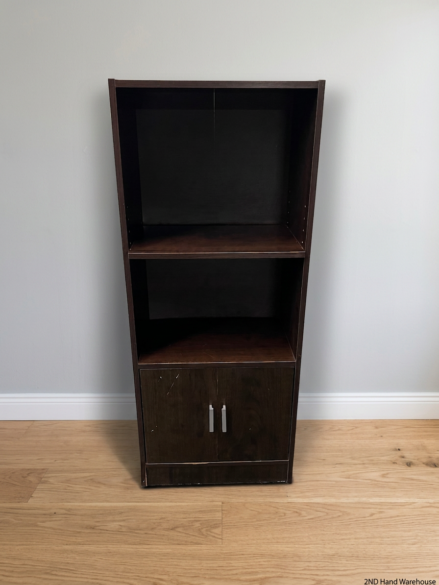 Dark Wood Finish Bookshelf with Lower Cupboard — Sturdy But Well Used Bookshelf – styled product image