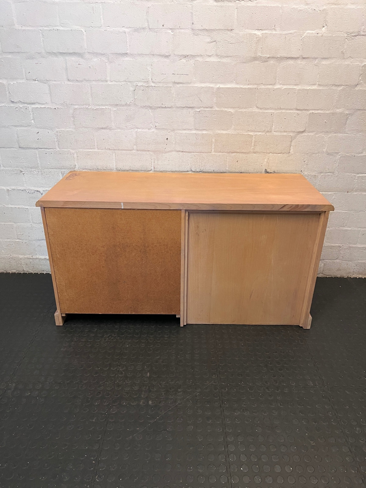 Oak-Tone Office Desk with 3 Drawers — Surface Mark on Top Right Side – back view
